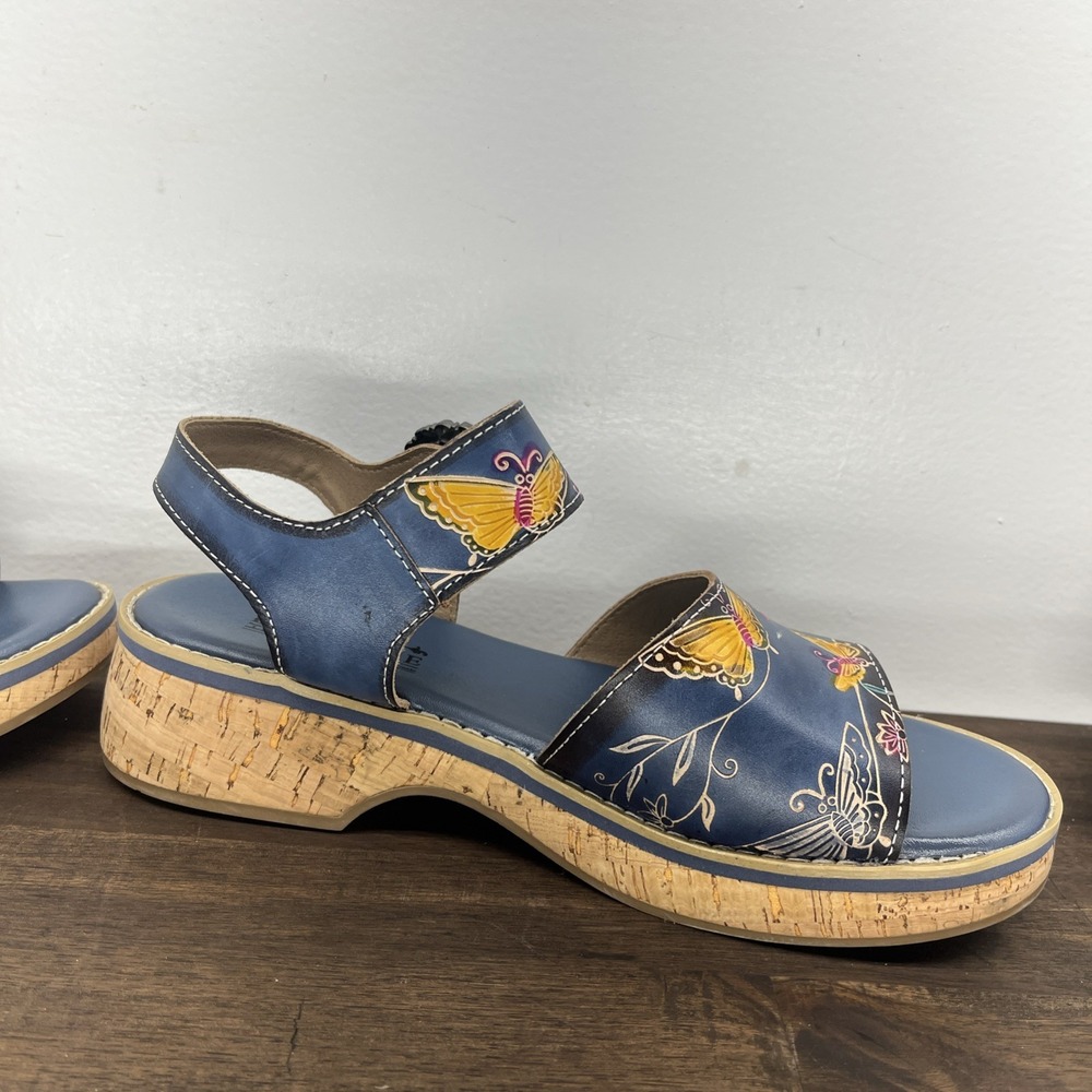 L'Artiste Spring Step Butterfly Cork Wedge Sandals 41 Blue Floral Buckle Kenna - Picture 3 of 11